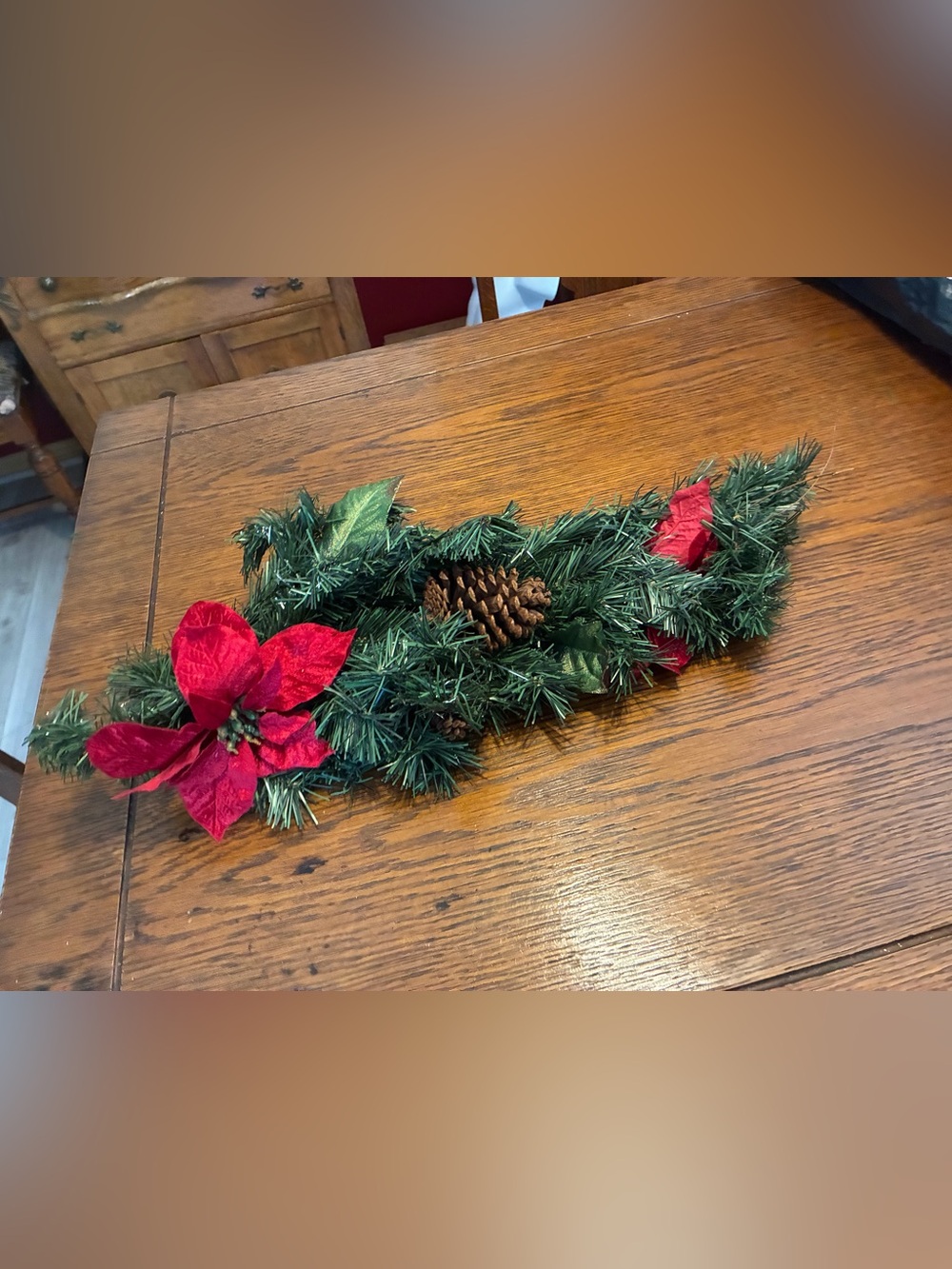 Festive Poinsettia Pine Garland with Pinecone - Red & Green